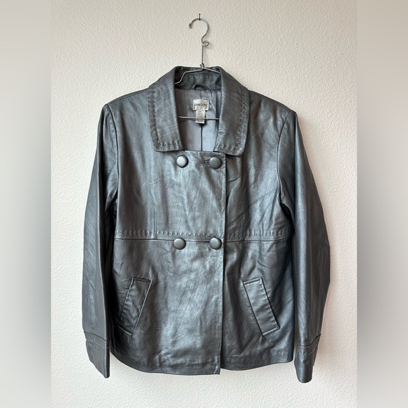 Chico's Jackets & Blazers - Chico’s Silver Shimmer Leather Collared Short Peacoat Jacket Coat Size 2